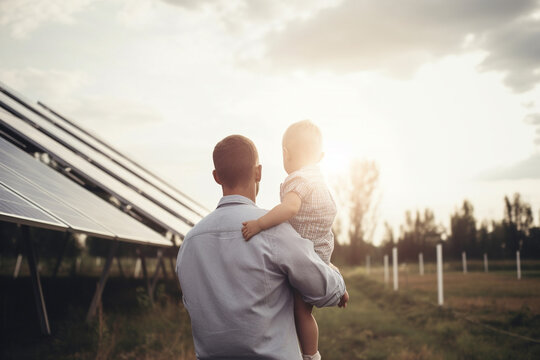 Rear view of dad holding her little son in arms and showing solar panels