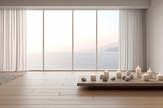 Empty zen room or yoga studio with panoramic windows and burning candles on the floor. Calmness and relax, comfortable space for doing sport exercises, empty class, spa room. AI generated image