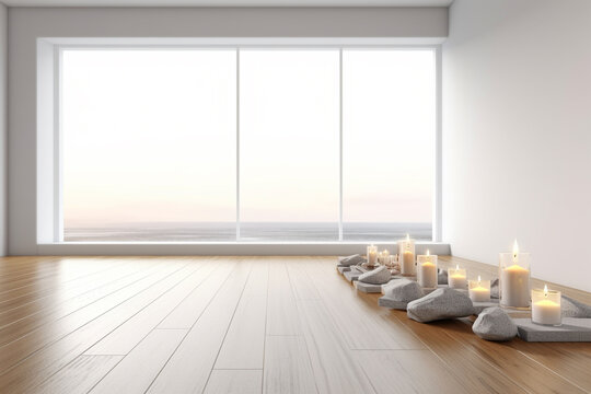 Empty zen room or yoga studio with panoramic windows and burning candles on the floor. Calmness and relax, comfortable space for doing sport exercises, empty class, spa room. AI generated image