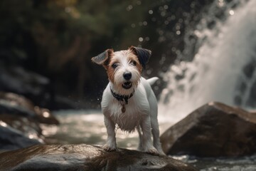 Medium shot portrait photography of a happy jack russell terrier chasing a squirrel against waterfalls background. With generative AI technology