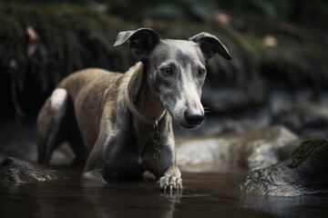 Lifestyle portrait photography of a curious greyhound playing in a mud puddle against waterfalls background. With generative AI technology