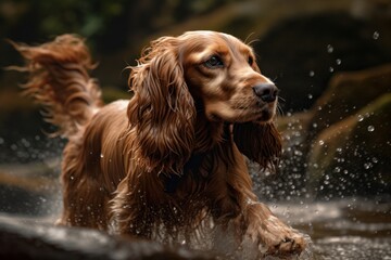 Lifestyle portrait photography of an aggressive cocker spaniel swinging against waterfalls background. With generative AI technology