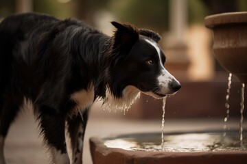 Full-length portrait photography of a happy border collie drinking from a water fountain against fishing piers background. With generative AI technology