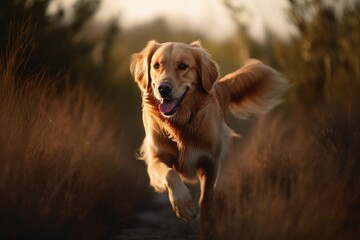 Medium shot portrait photography of an aggressive golden retriever running against wildlife refuges background. With generative AI technology