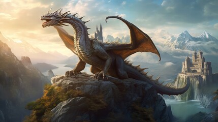Fototapeta premium colossal, ancient dragon perches on a mountaintop, with a vast, sprawling fantasy world visible in the background, emphasizing the creature's majesty and power, rendered in a detailed