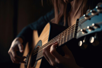Fototapeta na wymiar Beautiful young woman playing guitar. Generative AI