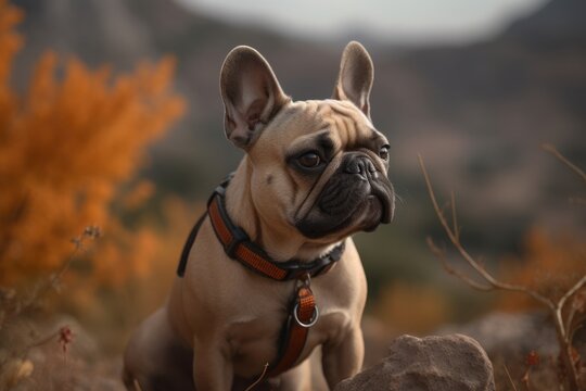 Medium shot portrait photography of a curious french bulldog being on a mountain peak against pumpkin patches background. With generative AI technology