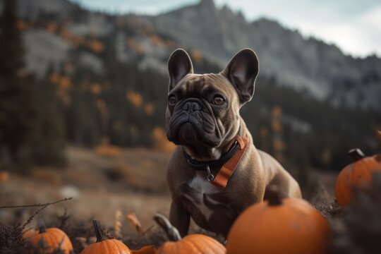 Medium shot portrait photography of a curious french bulldog being on a mountain peak against pumpkin patches background. With generative AI technology