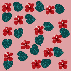 Beautiful red hibiscus flower pattern background with leaves