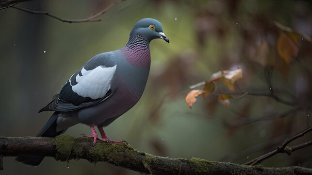 pigeon in the forest, park at autumn. Generative AI image.