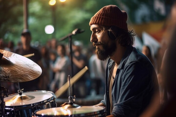 Naklejka premium Attractive something man plays drums in a band. Generative AI