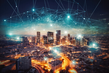 Internet of things, connected all devices to a network and communicate between. Night city landscape with connection wires. Concept. Generative AI.