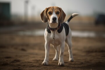 Full-length portrait photography of a happy beagle standing on hind legs against race tracks background. With generative AI technology