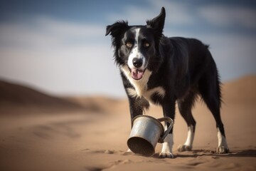 Medium shot portrait photography of an aggressive border collie holding a watering can against sand dunes background. With generative AI technology