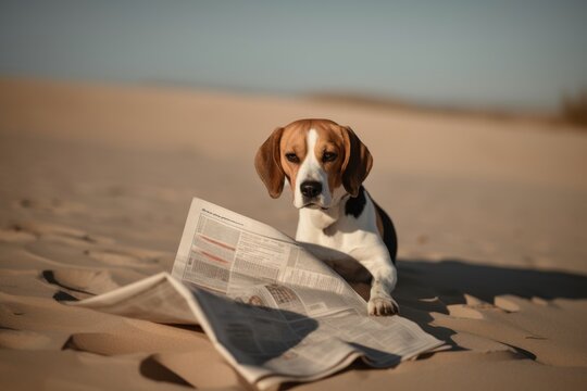 Group portrait photography of a bored beagle holding a newspaper in its mouth against sand dunes background. With generative AI technology