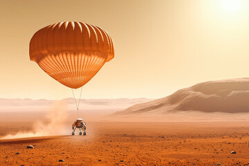 First landing on Mars. Astronauts on a first one way mission to Mars. Capsule landing to surface with parachute. Generative AI. - obrazy, fototapety, plakaty