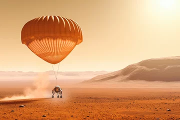 Fotobehang First landing on Mars. Astronauts on a first one way mission to Mars. Capsule landing to surface with parachute. Generative AI. © VisualProduction