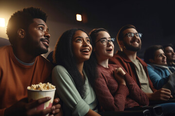 Fototapeta premium Diverse friends in movie theater. Generative AI