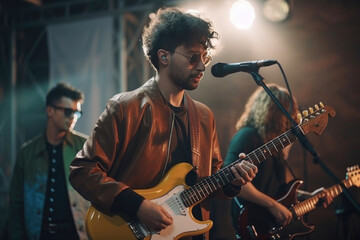 Hipster man plays drums with a band performing at a rock concert. Generative AI