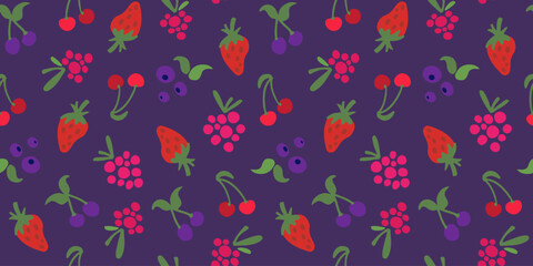 Hand drawn seamless pattern with berries. Doodle style strawberry, raspberry, blueberry, cherry. Cute and modern vector background