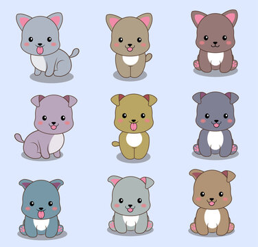 cute puppy Colorful tones, smooth, clean eyes, a set of 9 images, 9 colors, cartoon graphics, illustrations.
