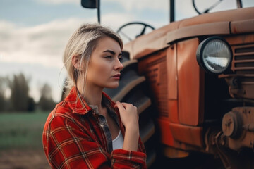 Fototapeta na wymiar Portrait of farmer woman in against the background of tractor. Generative AI