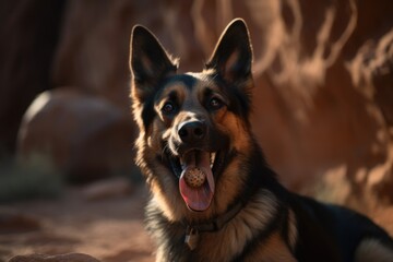 Medium shot portrait photography of a happy german shepherd having a toy in its mouth against rock formations background. With generative AI technology