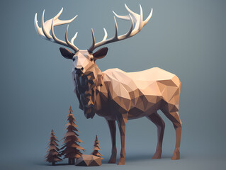 Portrait of a deer or elk in low poly style on grey background, AI generated