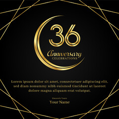 36 years anniversary with a half moon design, double lines of gold color numbers, and text anniversary celebrations on a luxurious black and gold background