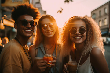 Group people smiling on the street with coffeem summer, sunset. Generative AI