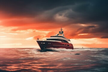 Luxury yacht sailing on red cloudy sky background. Generative AI