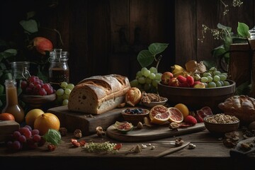 Obraz na płótnie Canvas Assortment of nourishing foods on a rustic wood table. Generative AI