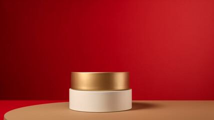 Red & Gold Table Counter Top, Podium Pedestal, Abstract Living Room Space Background in Interior. Product Mock up Display, Back Drop. Showcase Your Modern & Stylish Stylish Products. Generative AI.