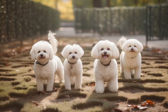 Group portrait photography of a happy bichon frise swimming against outdoor mazes background. With generative AI technology