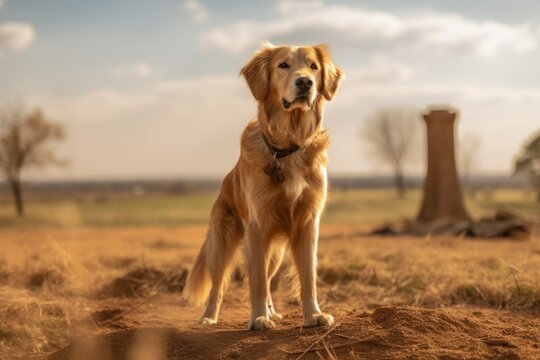 Environmental portrait photography of a happy golden retriever standing on hind legs against historic battlefields background. With generative AI technology