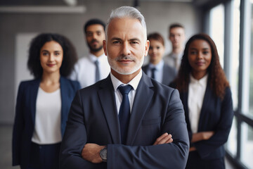 Portrait of happy diverse professional team in loft office space. Generative AI