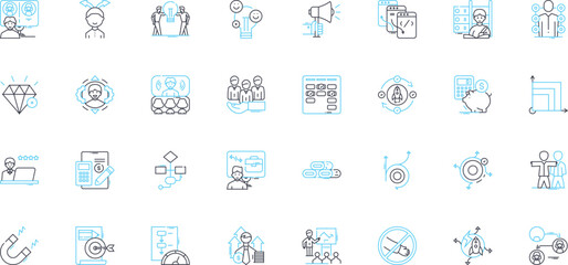 Business merger linear icons set. Consolidation, Merger, Acquisition, Takeover, Integration, Synergy, Efficiency line vector and concept signs. Collaboration,Partnership,Growth outline illustrations