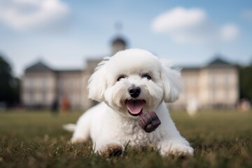 Environmental portrait photography of a happy bichon frise having a toy in its mouth against historic battlefields background. With generative AI technology