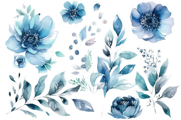 pattern with spring blue flowers and leaves. floral pattern for wallpaper or fabric. AI