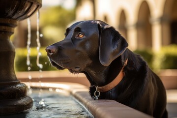 Lifestyle portrait photography of an aggressive labrador retriever drinking from a water fountain against natural arches and bridges background. With generative AI technology