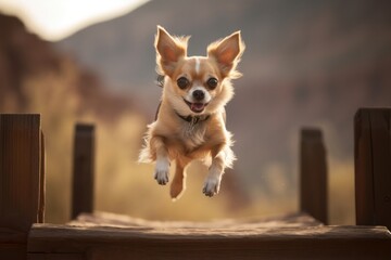 Fototapeta na wymiar Lifestyle portrait photography of a happy chihuahua jumping over an obstacle against natural arches and bridges background. With generative AI technology