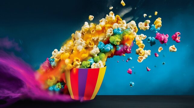 A burst of colorful, sweet popcorn on bright background. Generative AI