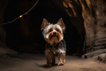 Full-length portrait photography of a scared yorkshire terrier walking on a leash against caverns and caves background. With generative AI technology