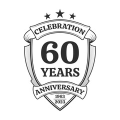 Obraz premium 60 years anniversary icon or logo. 60th yubilee celebration, business company birthday badge or label. Vintage banner with shield and ribbon. Wedding, invitation design element. Vector illustration.