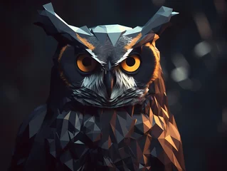 Fotobehang Portrait of an owl bird in low poly style on a dark background, AI generated © perfectlab