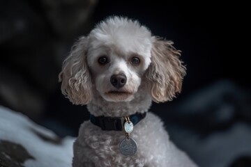 Medium shot portrait photography of a curious poodle wearing a medal against glaciers and ice caves background. With generative AI technology