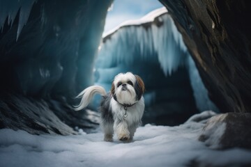 Full-length portrait photography of an aggressive shih tzu having a paw print against glaciers and ice caves background. With generative AI technology