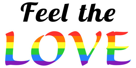 Feel the Love text with black and rainbow colors, flat style simple vector object design icon for pride month, romance, equality, celebration every gender. Graphic design with isolated background.