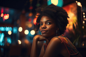 Fototapeta premium Relaxed black woman chilling on party. Generative AI