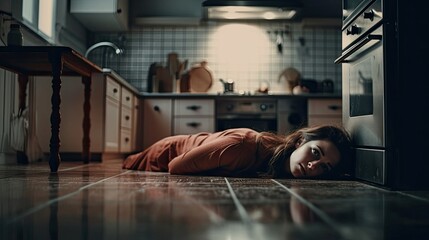 Murder victim kitchen: Dead woman body lying on the kitchen floor. Murder, kill and femicide concept. Generative AI - obrazy, fototapety, plakaty